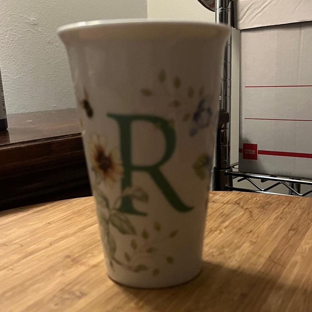 Lenox BUTTERFLY MEADOW Ceramic Double Wall Travel Cup MONOGRAM  “R” Coffee/Tea